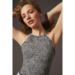 Anthropologie Smocked Halter Cropped Blouse Tank Top Floral Ruffle S New 250248